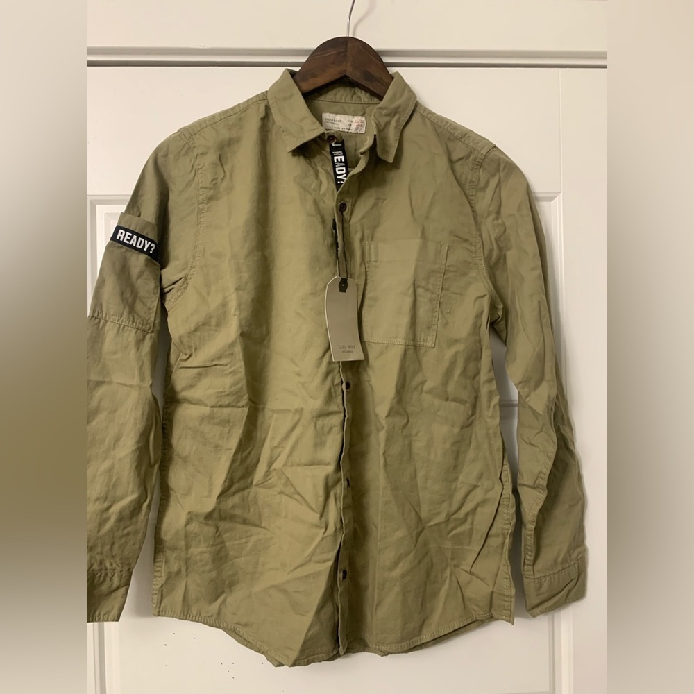 NWT ZARA Boys‎ Khaki Brown Green You Ready? Button Up Casual Shirt Top 11-12